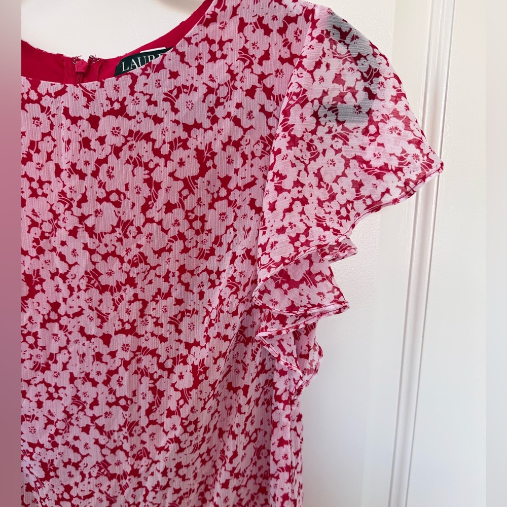 LAUREN Ralph Lauren Dress, Size 2P Red with White Flowers Ruffle Skirt - Picture 3 of 13